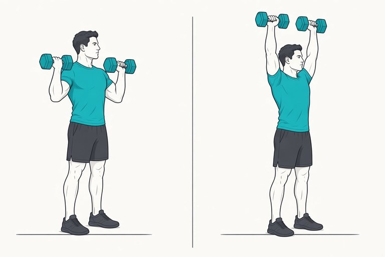 Standing overhead press with dumbbells: weights at shoulder height (left) and pressed overhead (right).