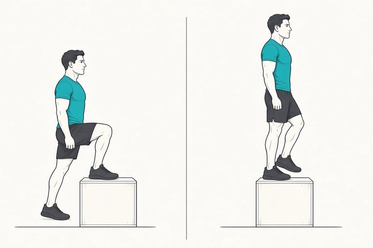 Step-up: one foot on the box (left) and standing tall on the box (right).