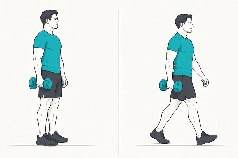 Suitcase carry: standing tall with one dumbbell (left) and walking with it (right).