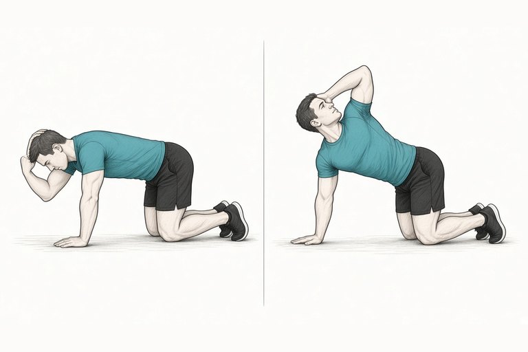 Thoracic rotations: illustration of the start (left) and finish (right) positions.