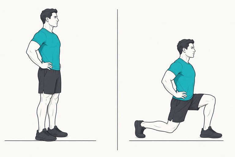 Walking lunge: standing tall (left) and lowered into the lunge, back knee just above the floor (right).