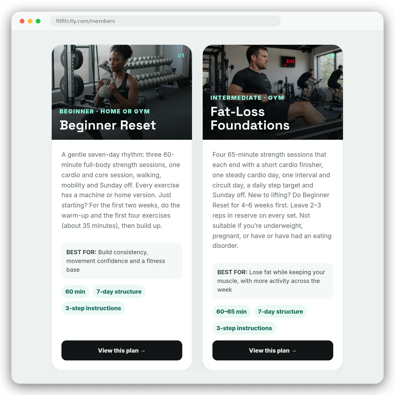 Two of the 13 training plan cards, Beginner Reset and Fat-Loss Foundations, each with a photo, a short description and its length.