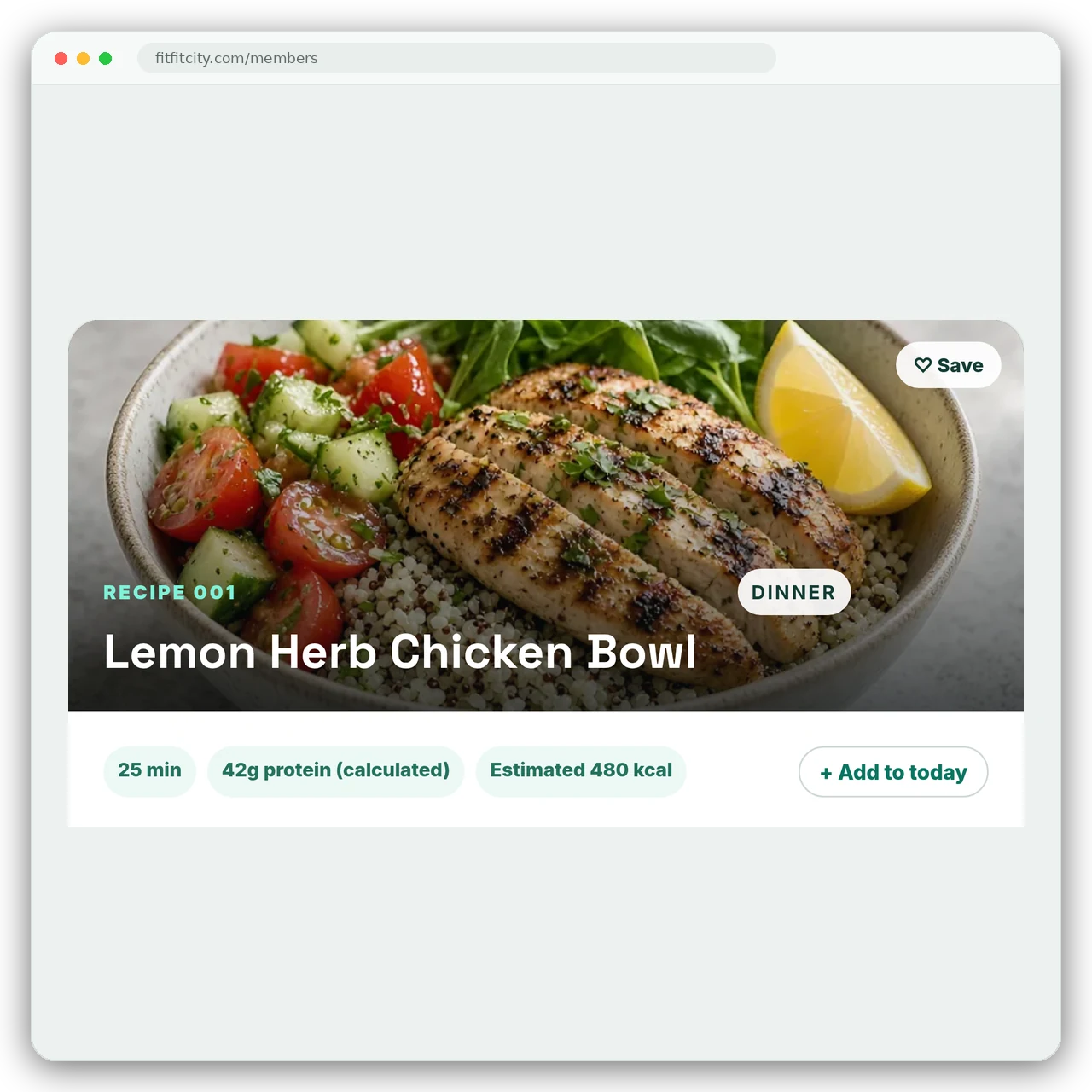 A recipe card for Lemon Herb Chicken Bowl with its photo, time, protein and estimated calories.