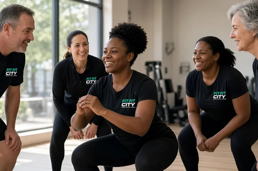 A small group of women and a man in FitFitCity tops doing squats together in a bright studio