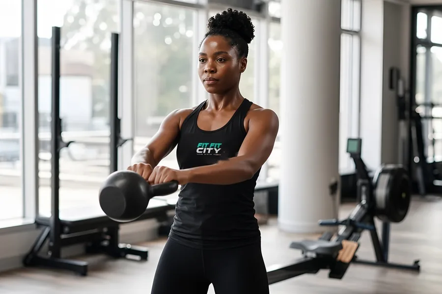 A woman in a FitFitCity vest swinging a kettlebell in a bright gym, with a rowing machine behind her