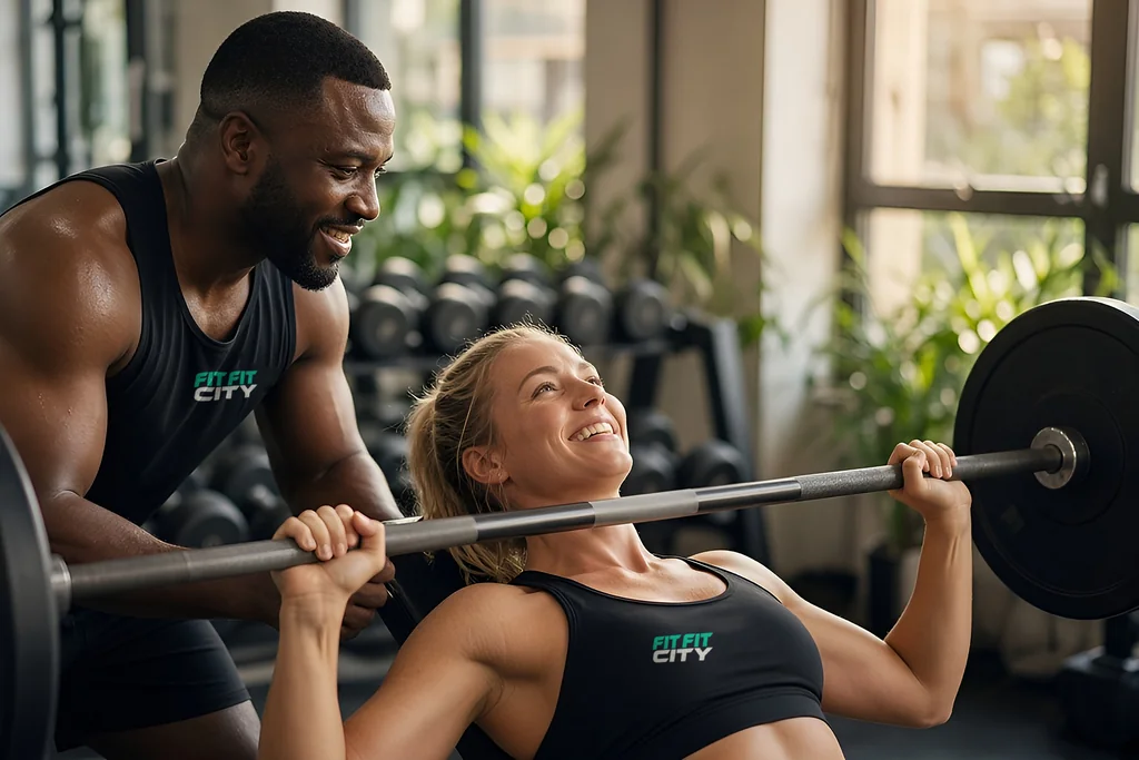 A man spotting a woman on the bench press in a sunny gym, both in FitFitCity tops