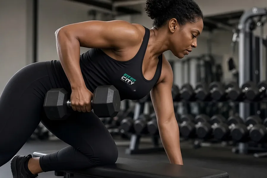 A woman in a FitFitCity vest doing a one-arm dumbbell row on a bench in a gym, with a rack of dumbbells behind her