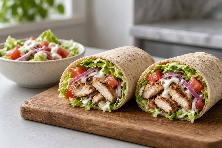 Two halves of a chicken salad wrap on a wooden board, with a side salad